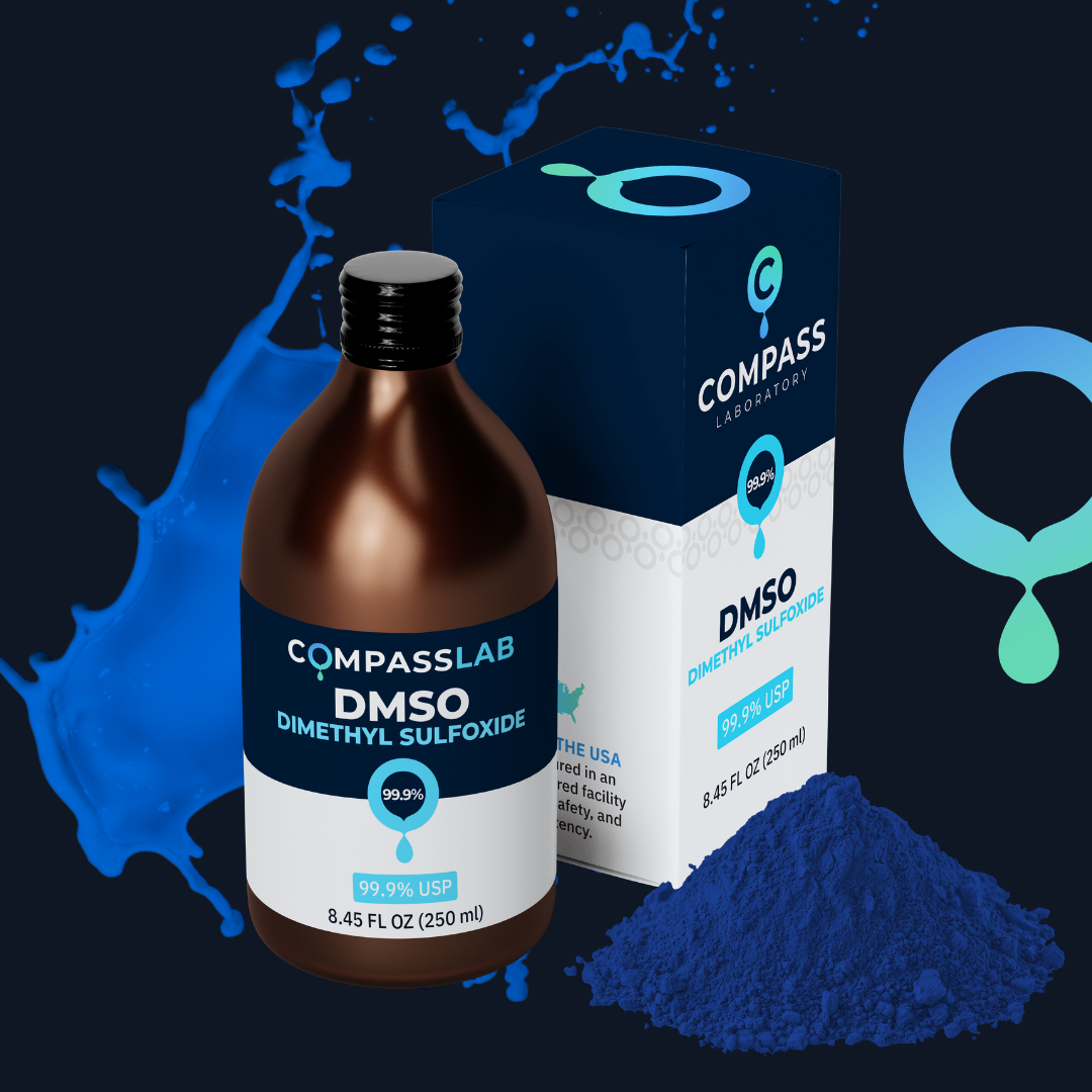 Compass Laboratory 99.9% USP-grade DMSO dimethyl sulfoxide bottle and matching product box featuring updated blue-and-white packaging against a dark background with blue laboratory-inspired elements
