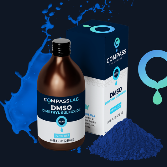 Compass Laboratory 99.9% USP-grade DMSO dimethyl sulfoxide bottle and matching product box featuring updated blue-and-white packaging against a dark background with blue laboratory-inspired elements