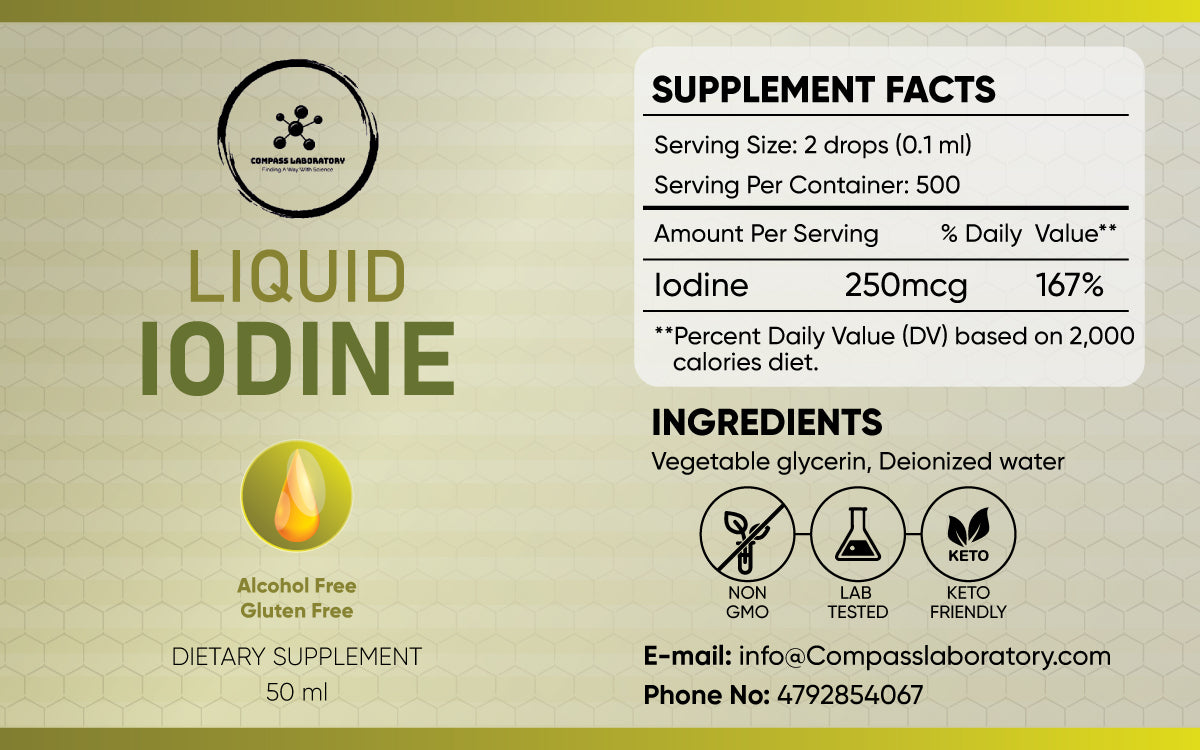 Liquid Iodine Drops-Supports Thyroid Health, Hormones &amp; Weight-Higher Absorption-250 mcg per serving - Compass Laboratory
