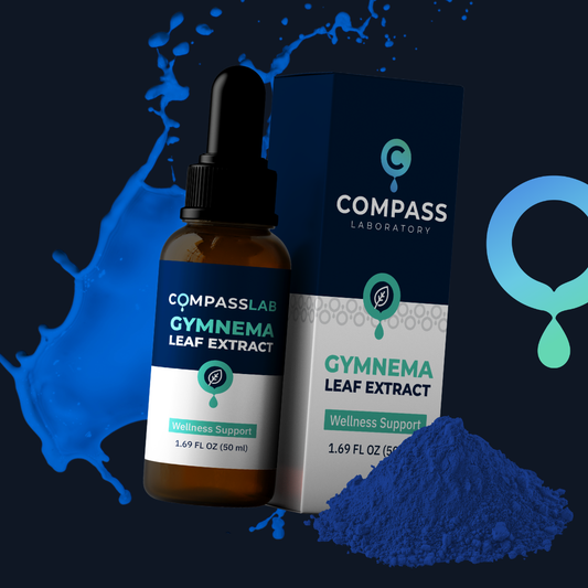 An amber glass dropper bottle and matching box of Compass Laboratory Gynema Leaf Extract, styled with a blue liquid splash, a pile of blue powder, and a teal droplet icon on a dark background.