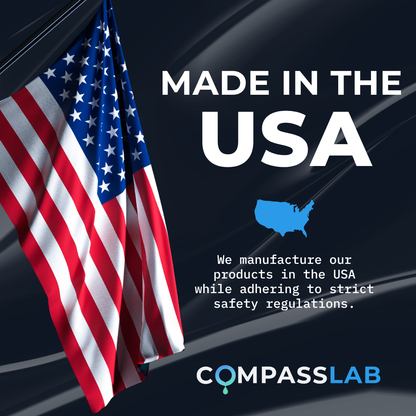 Compass Laboratory Made in the USA graphic featuring an American flag and messaging about domestic manufacturing, quality standards, and safety regulations.