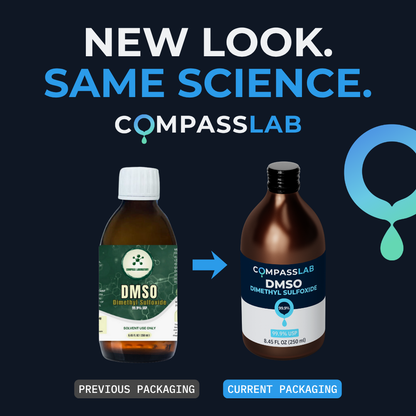 Before-and-after comparison of Compass Laboratory DMSO packaging, featuring the previous green-label bottle and updated blue-and-white bottle with the same 99.9% USP-grade dimethyl sulfoxide.