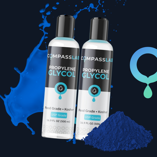 Compass Laboratory USP-grade Propylene Glycol two-pack featuring two 16.9 fl oz (500 ml) bottles with updated black-and-white packaging, food-grade and kosher labeling, and blue laboratory-inspired graphics.