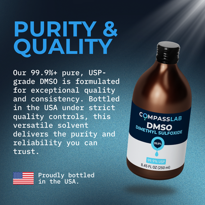 Compass Laboratory 99.9% USP-grade DMSO dimethyl sulfoxide in its updated amber bottle, highlighting high purity, consistent quality, strict quality controls, and bottling in the USA.