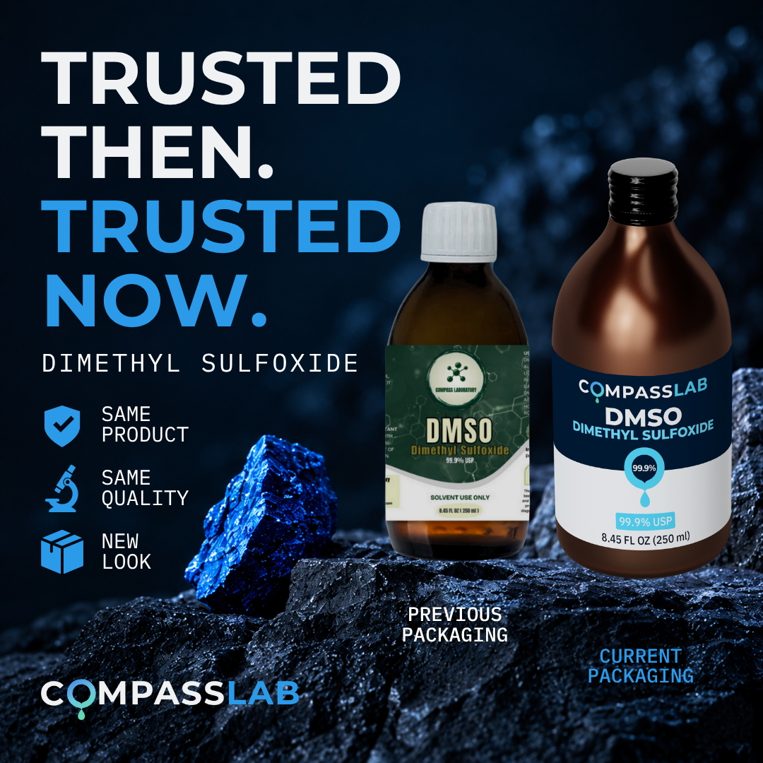 Compass Laboratory DMSO packaging comparison showing the previous and updated 99.9% USP-grade dimethyl sulfoxide bottles, highlighting the same trusted product and quality with a new look.