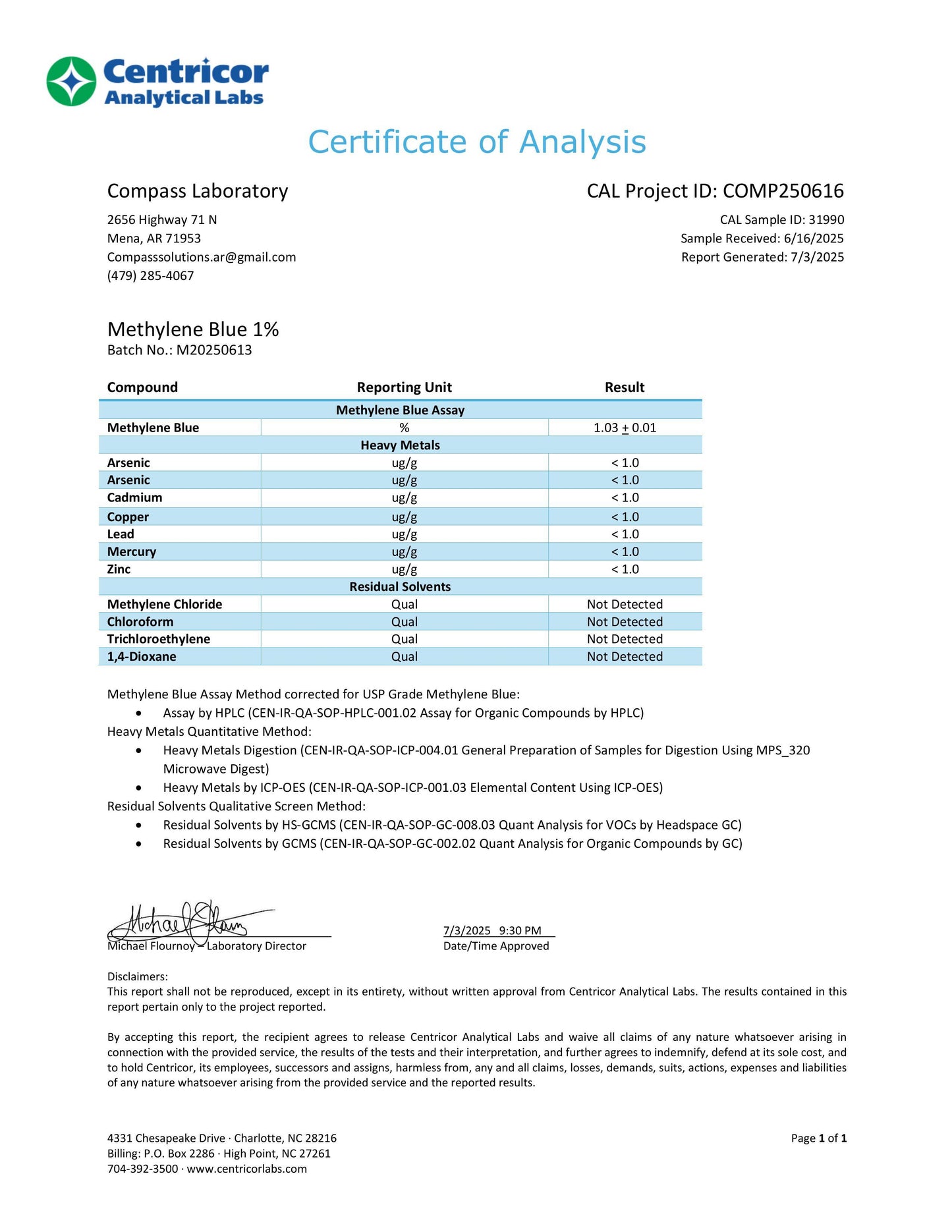 Methylene Blue 1% - Compass Laboratory