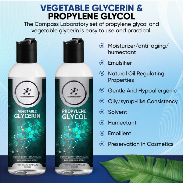 Compass Laboratory Propylene Glycol and Vegetable Glycerin 2 Pack Bundle – Non-Toxic, Safe, 100% Pure, USP Grade, Food Grade Bulk PG and VG for Soaps, Lotions, Moisturizers, Solvents & More - Compass Laboratory