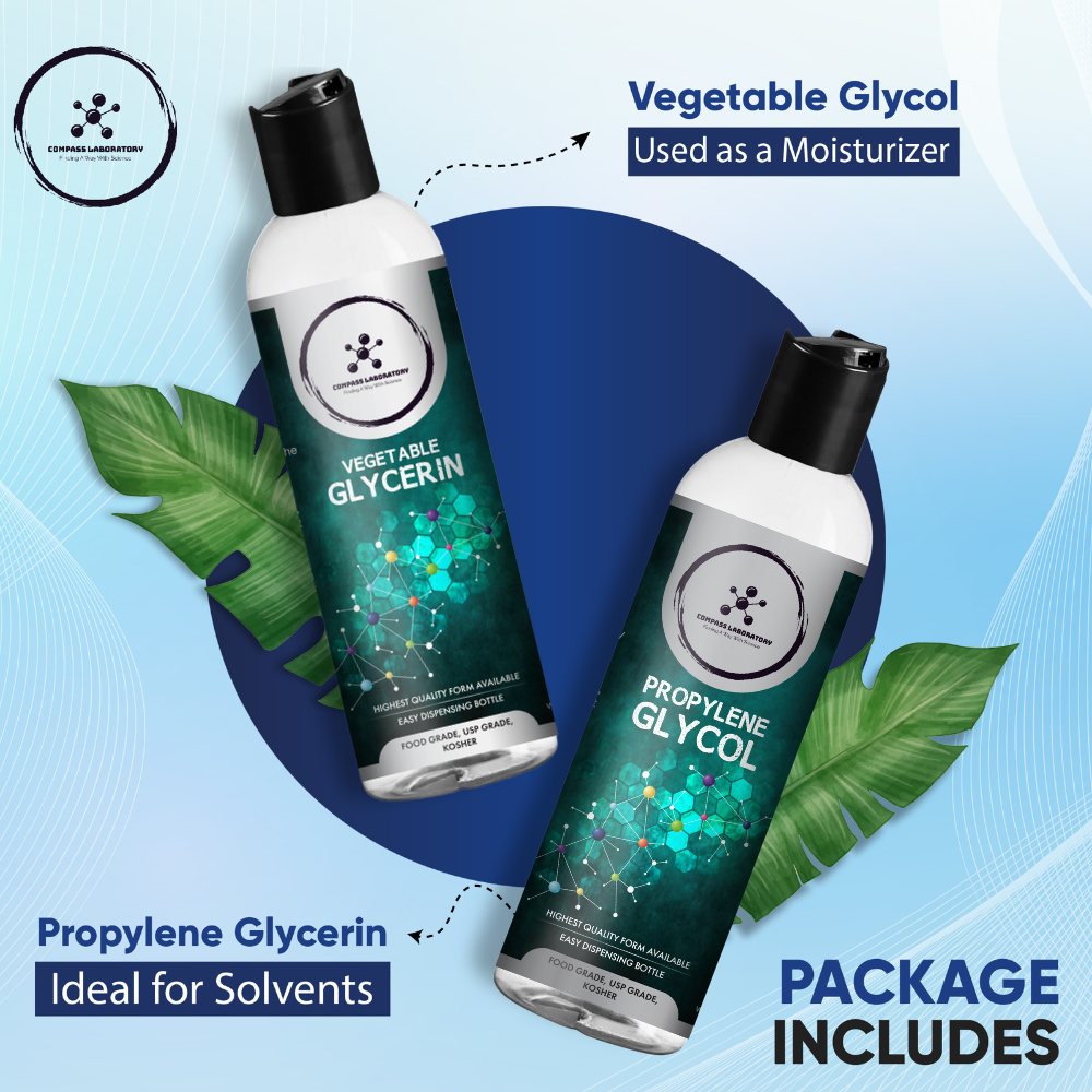 Compass Laboratory Propylene Glycol and Vegetable Glycerin 2 Pack Bundle – Non-Toxic, Safe, 100% Pure, USP Grade, Food Grade Bulk PG and VG for Soaps, Lotions, Moisturizers, Solvents &amp; More - Compass Laboratory